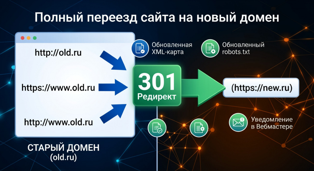 Как полностью сделать редирект сайта на новый домен (с WWW и HTTPS)